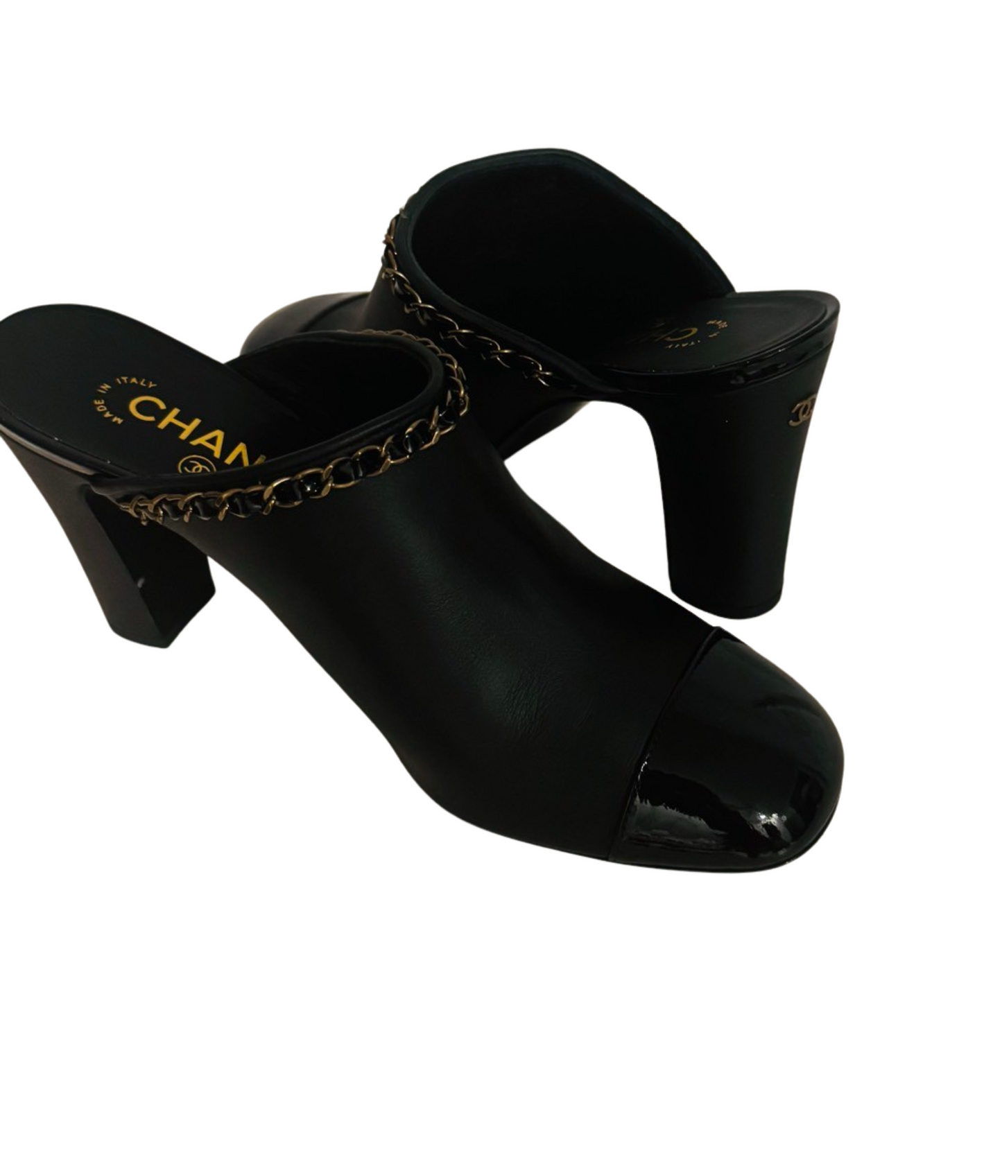 CHANEL BLACK/GOLD CHAIN slip on heels SZ40