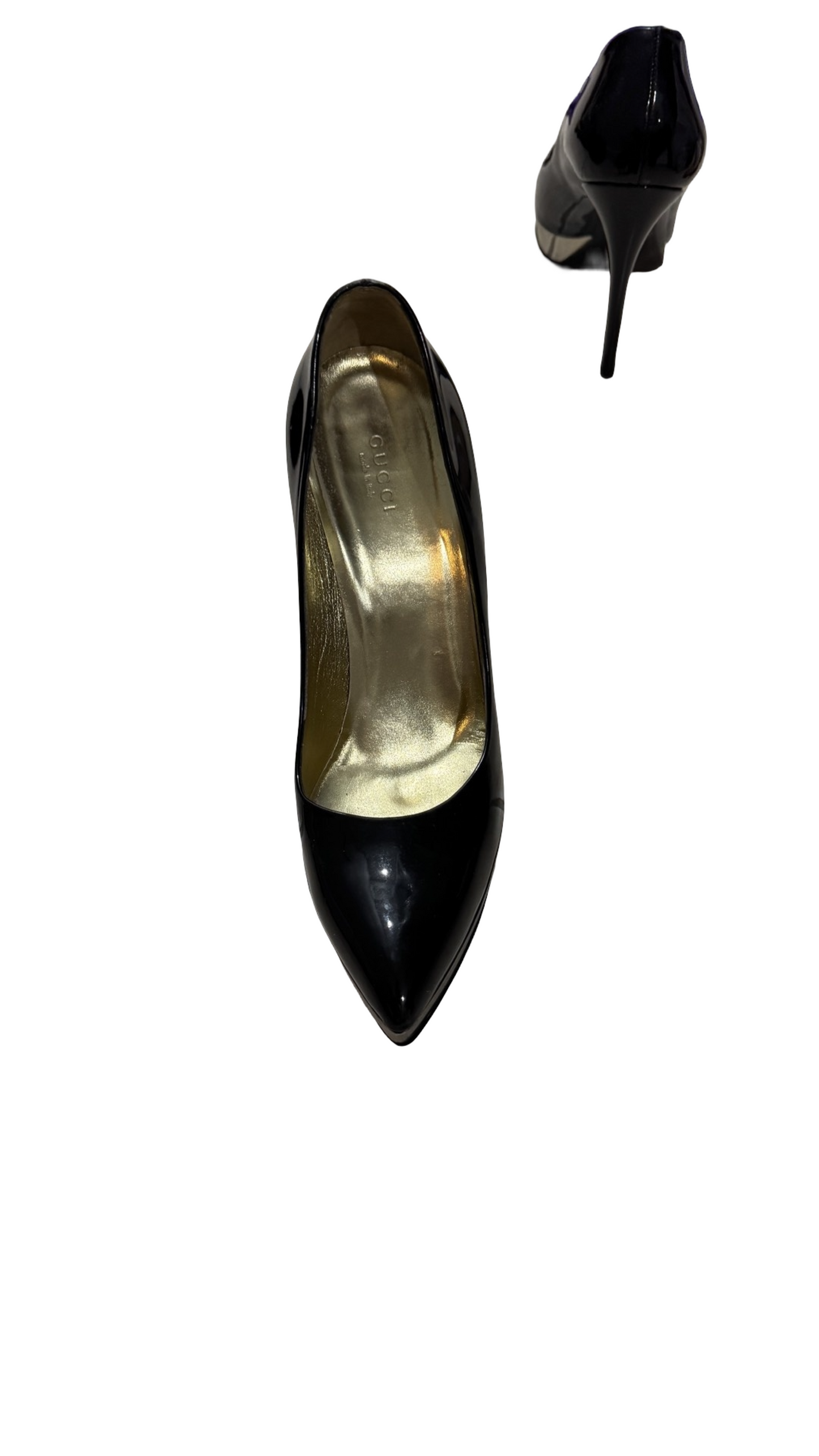 GUCCI BLK PATENT/SILVER PLATFORM HEELS