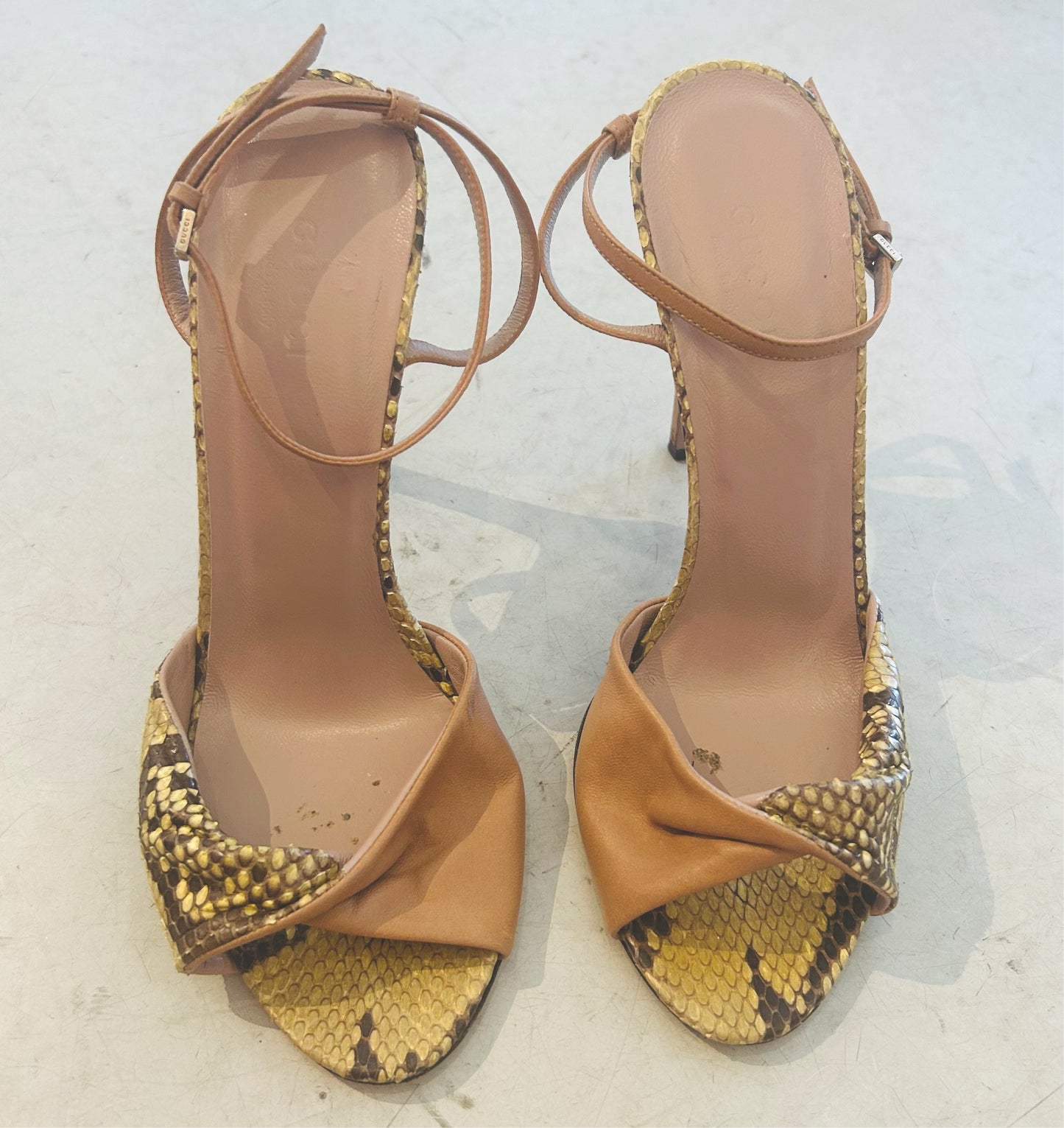 GUCCI snake/leather ankle wrap heels