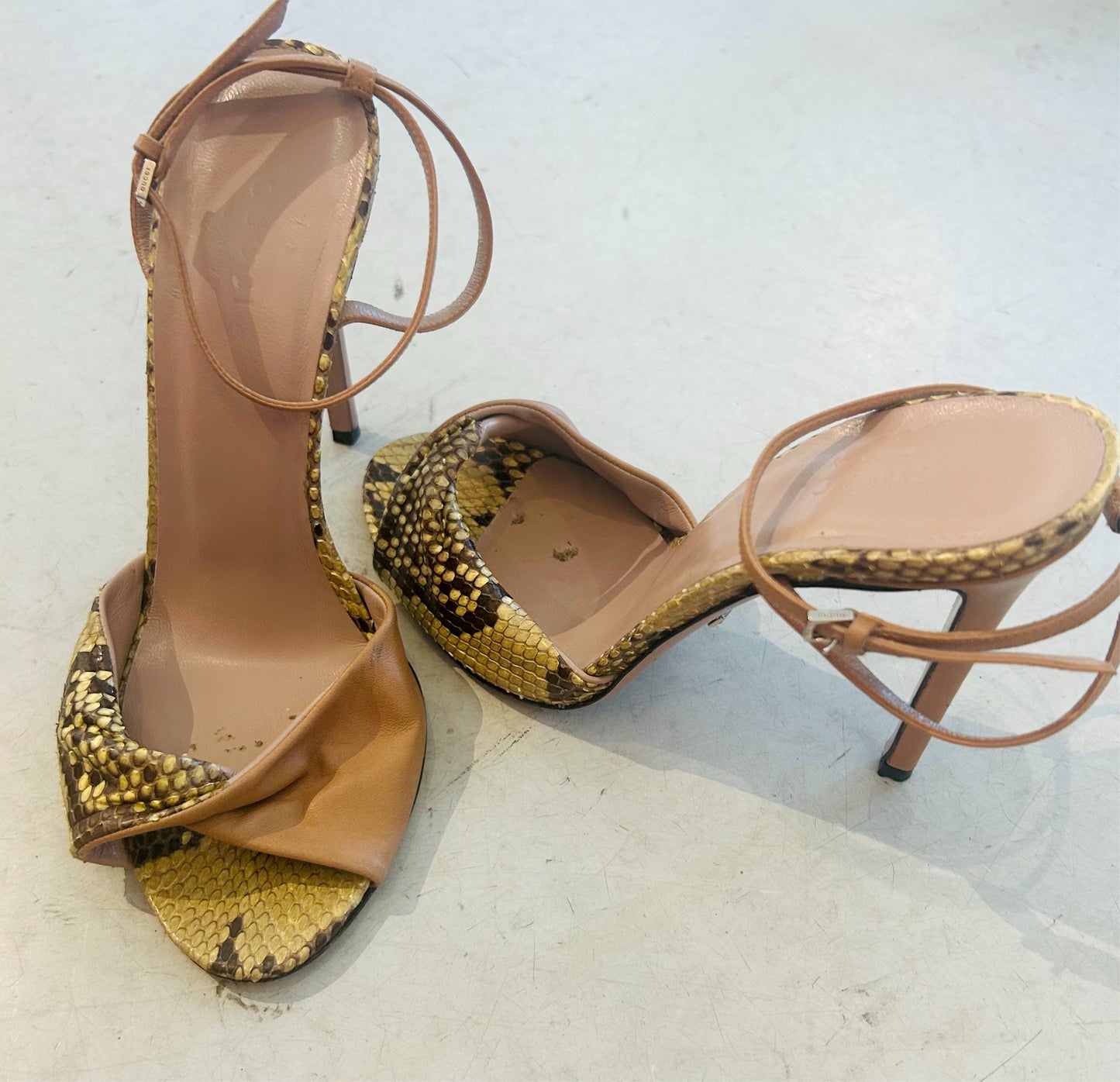 GUCCI snake/leather ankle wrap heels