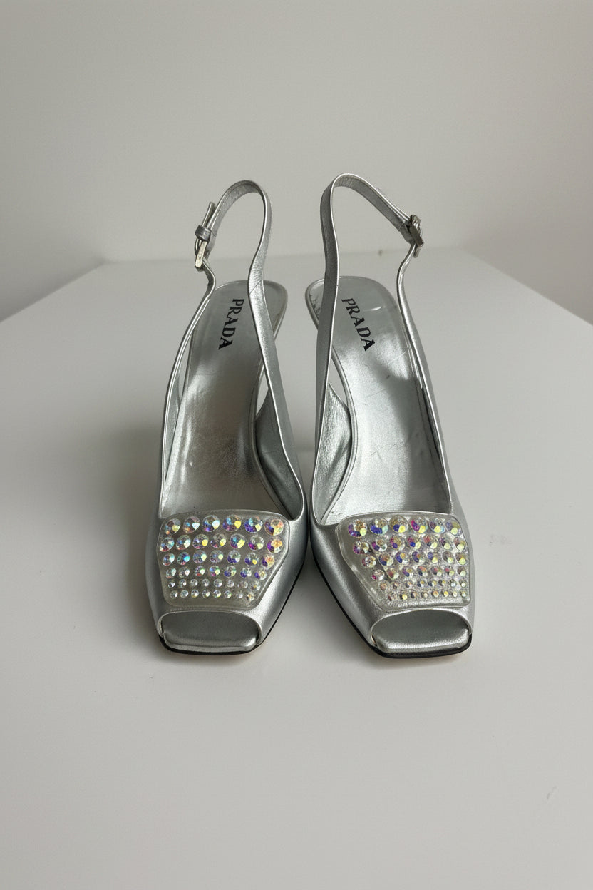 PRADA SILVER RHINESTONE PEEPTOE shoes
