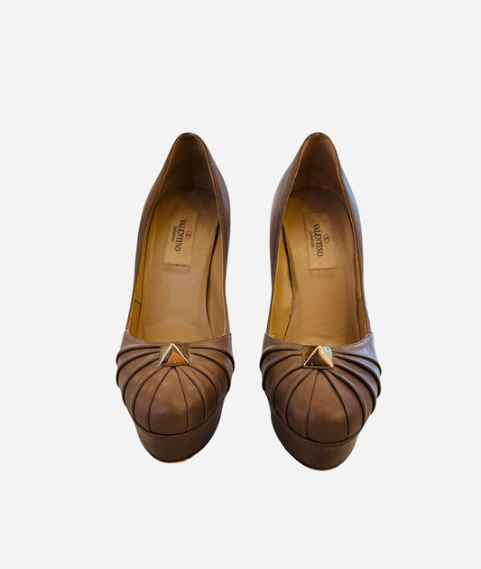 Valentino Garavani Rockstud Leather Pleated Studded Platform Pump Shoes Heels