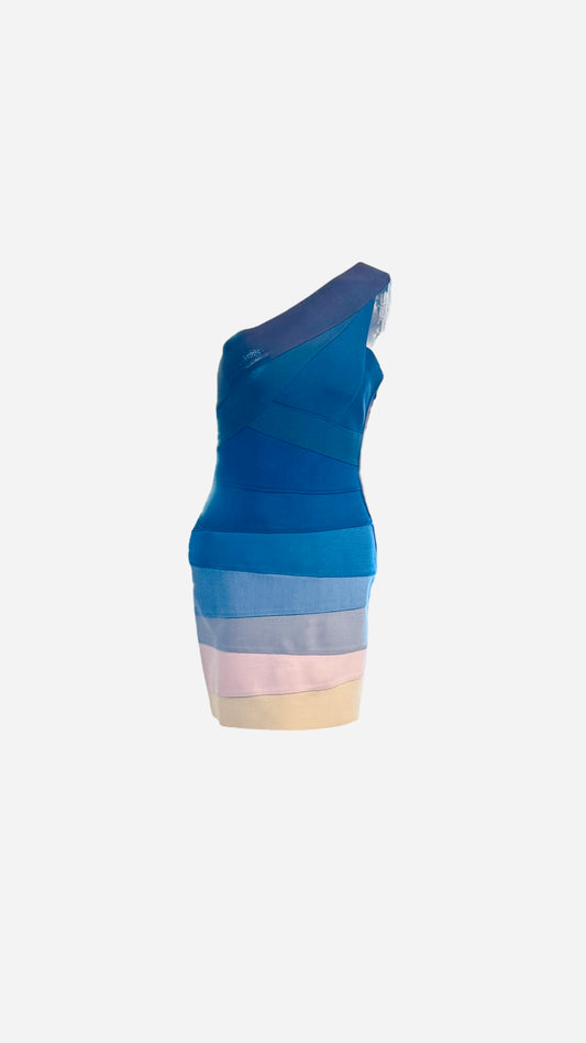 HERVE LEGER multi color one shoulder bandage dress