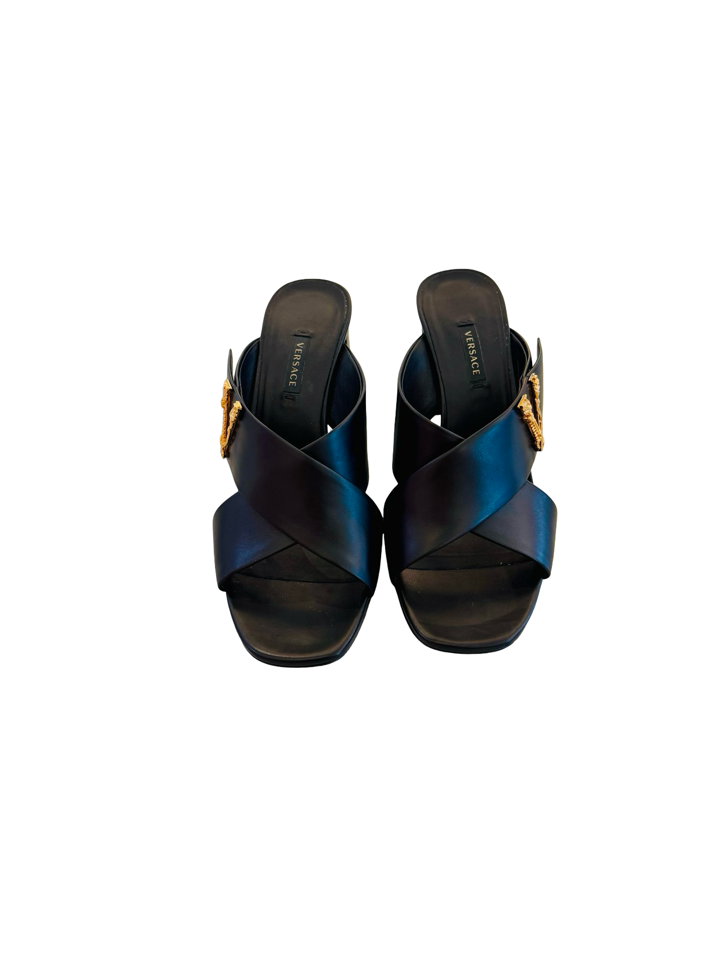 Versace Black Leather Criss-Cross Slide Sandals