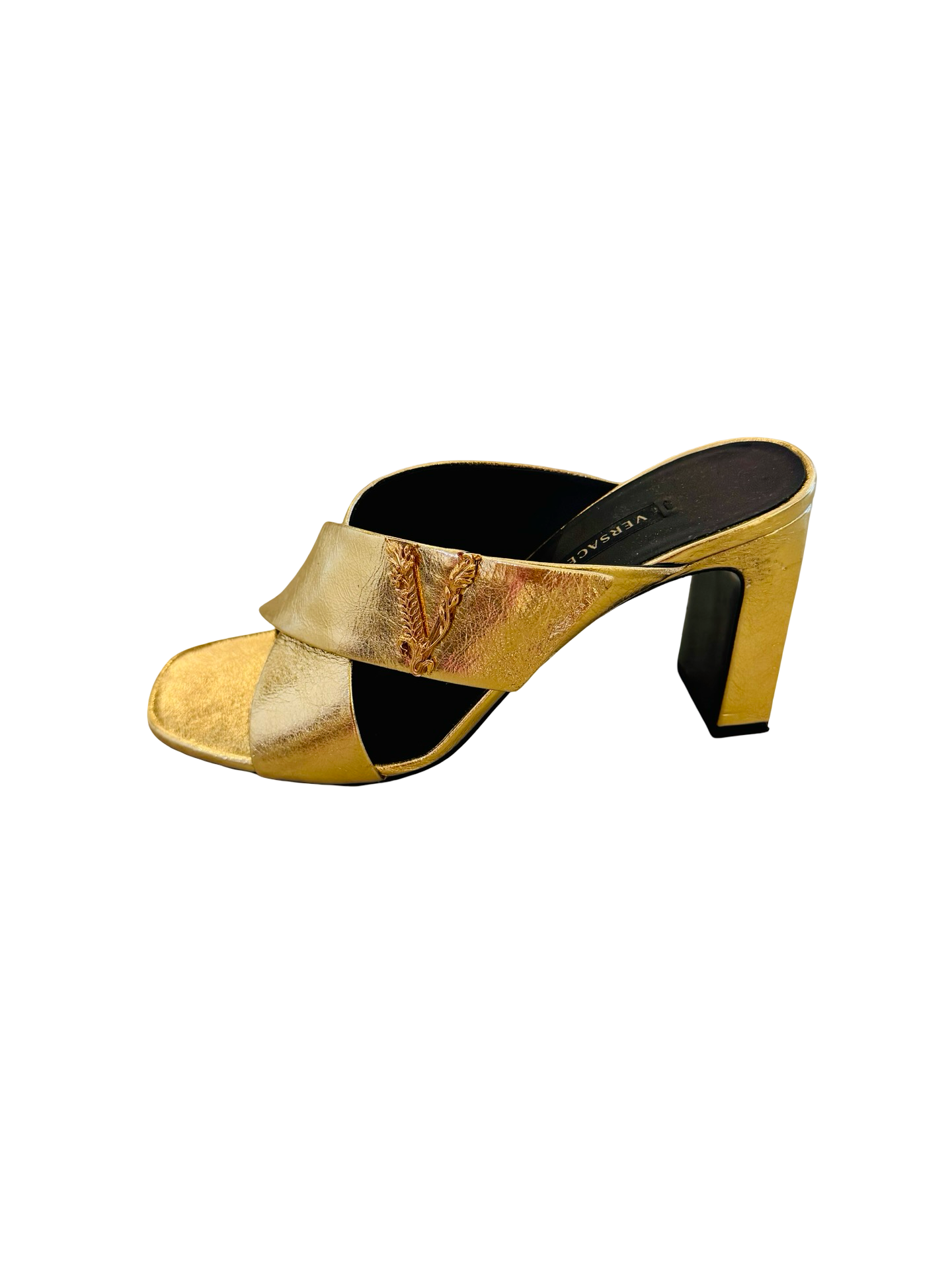 Versace Gold Leather Criss-Cross Slide Sandals