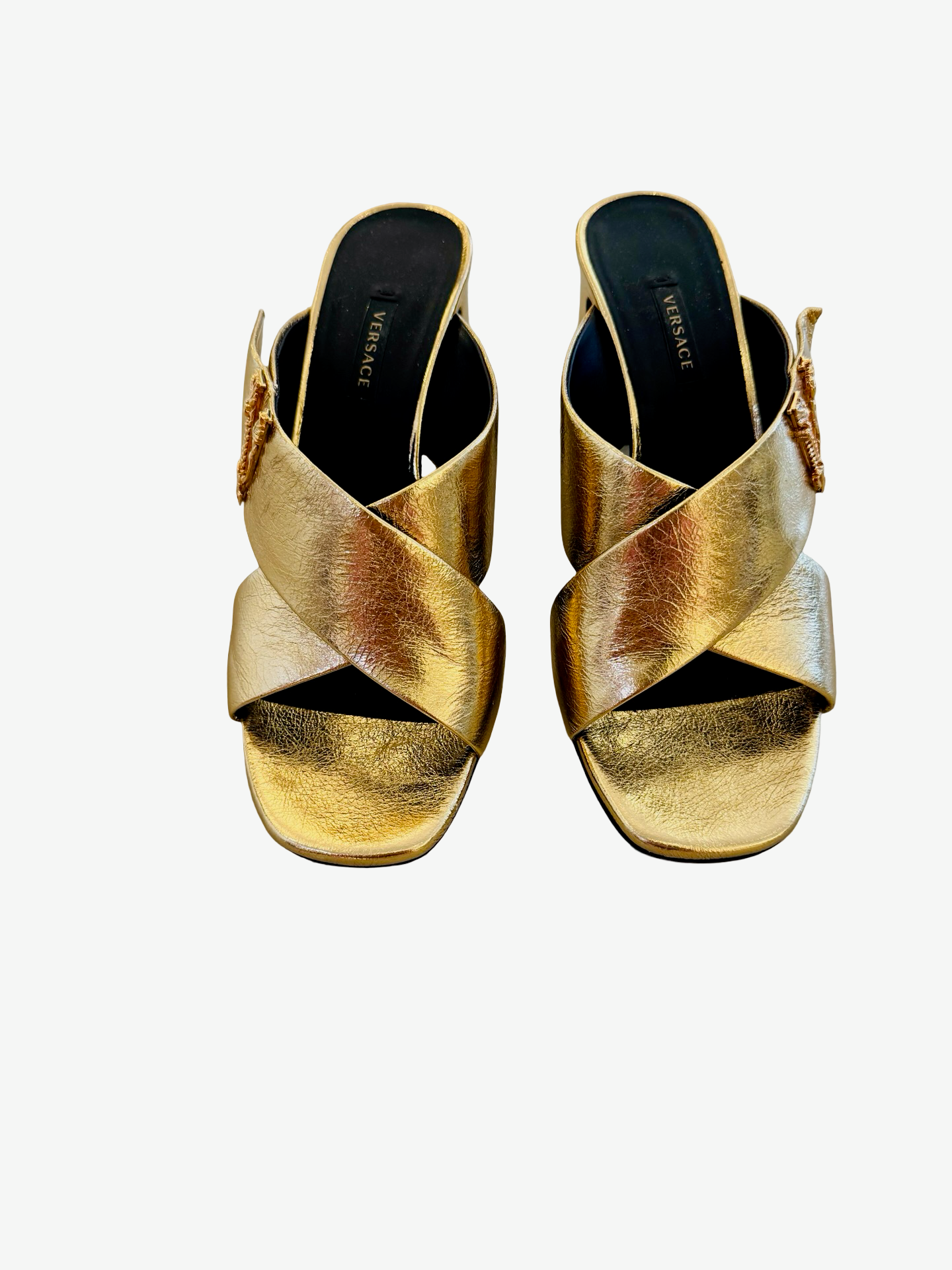 Versace Gold Leather Criss-Cross Slide Sandals