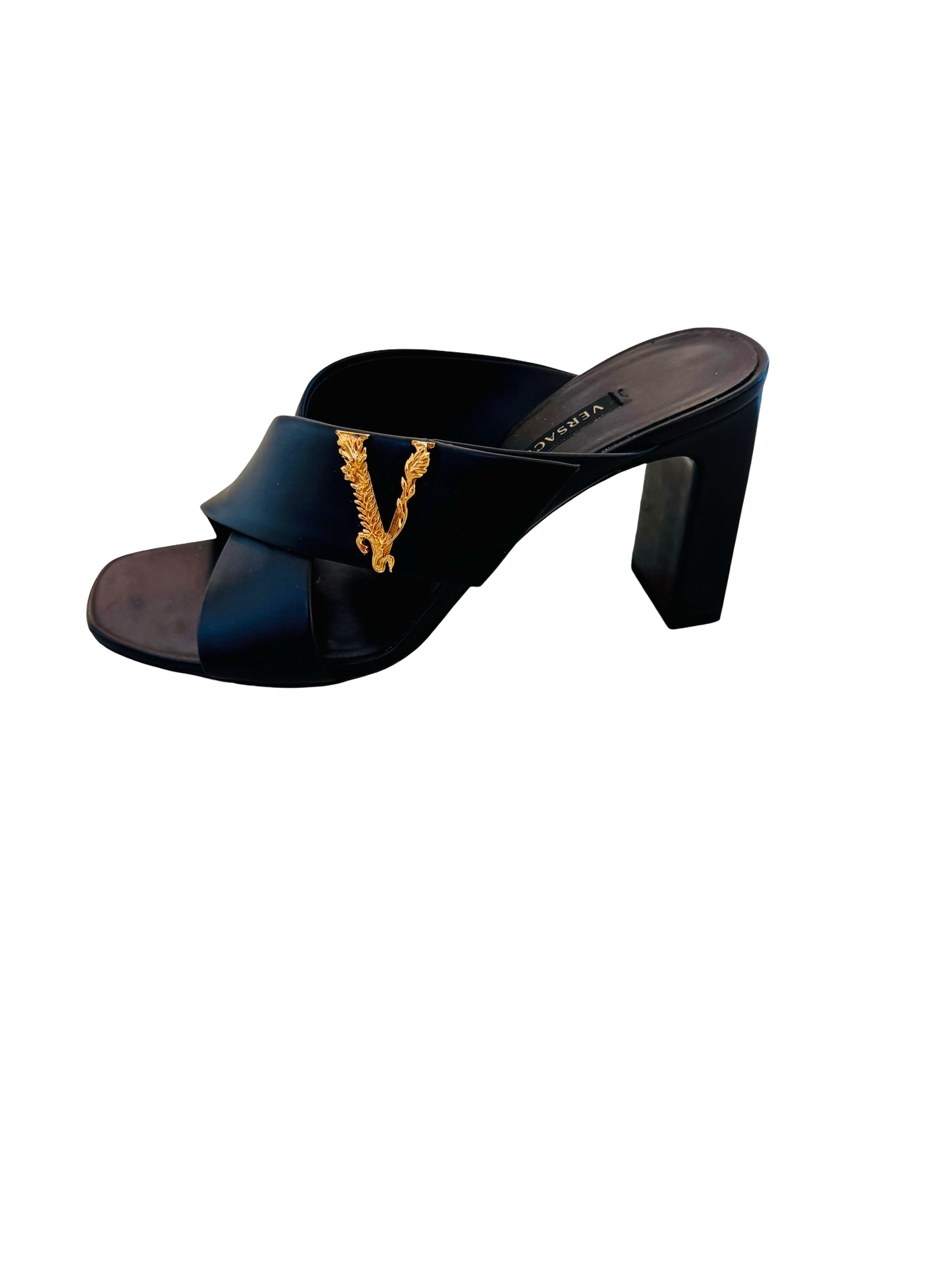 Versace Black Leather Criss-Cross Slide Sandals