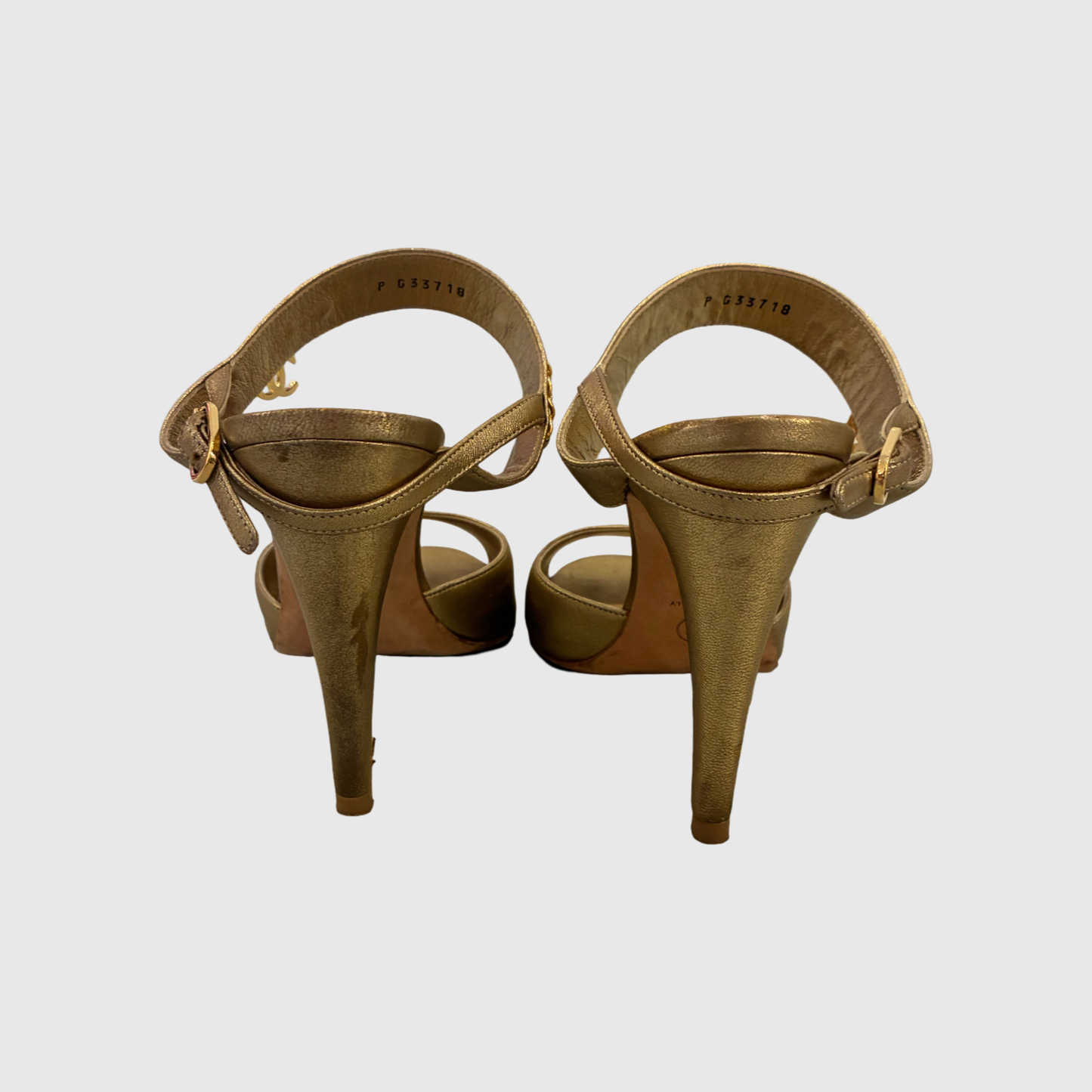Chanel gold leather/chain heels sz38.5