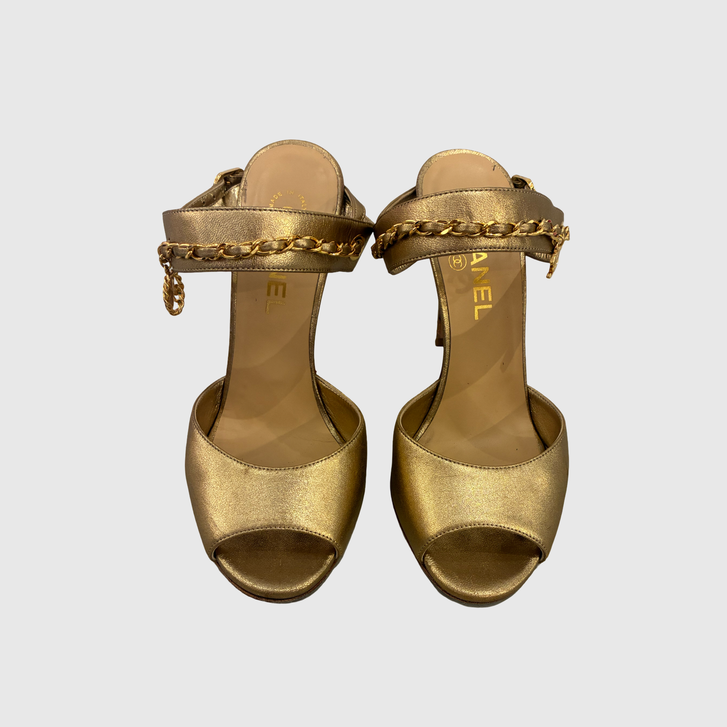 Chanel gold leather/chain heels sz38.5